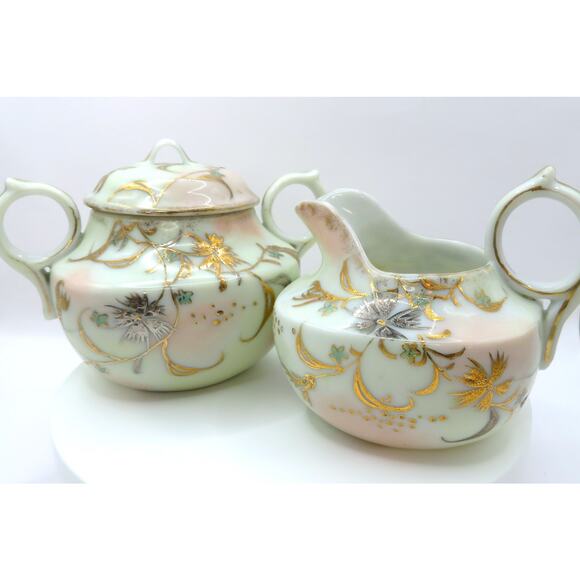 Vintage Nippon Style Moriage Creamer & Sugar Bowl Set Hand Painted Gold Floral - Picture 11 of 16